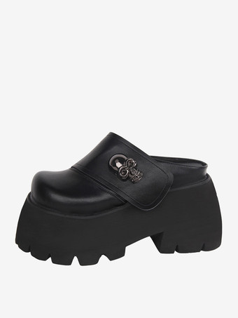 ブラック ゴスロリサンダルラウンドトゥPUレザーホワイトロリータサマーシューズ