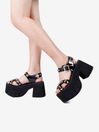 ゴシックロリータサンダルリベットラウンドトゥパテントPUアッパーブラックロリータサマーシューズ