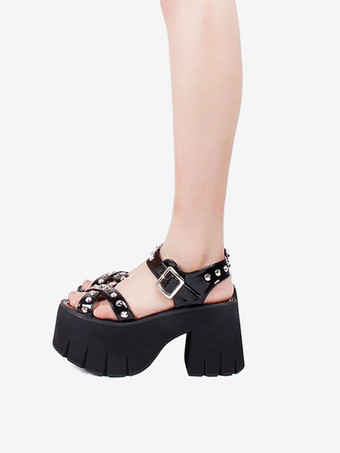 ゴシックロリータサンダルリベットラウンドトゥパテントPUアッパーブラックロリータサマーシューズ