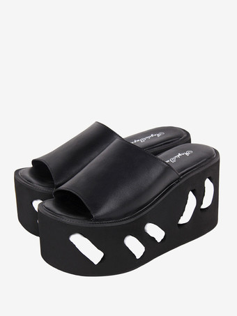 ゴスロリ サンダル ラウンドトゥ PU レザー ブラック ロリータ 夏靴