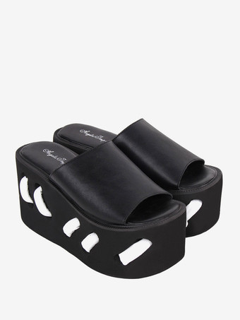 ゴスロリ サンダル ラウンドトゥ PU レザー ブラック ロリータ 夏靴