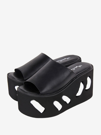 ブラック ゴスロリ サンダル ラウンドトゥ PU レザー ブラック ロリータ 夏靴