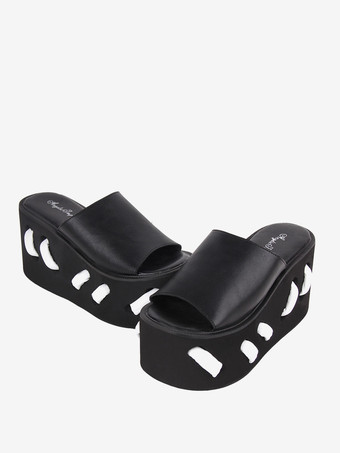 ゴスロリ サンダル ラウンドトゥ PU レザー ブラック ロリータ 夏靴