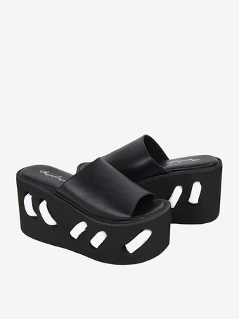 ゴスロリ サンダル ラウンドトゥ PU レザー ブラック ロリータ 夏靴