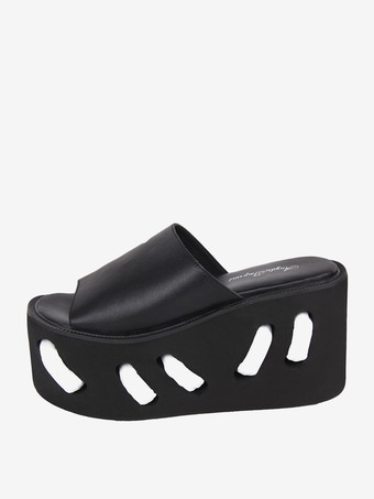 ゴスロリ サンダル ラウンドトゥ PU レザー ブラック ロリータ 夏靴