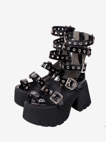 ブラック ゴシックロリータサンダルピープトウパテントPUアッパーブラックロリータサマーシューズ