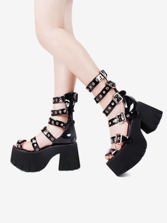 ゴシックロリータサンダルピープトウパテントPUアッパーブラックロリータサマーシューズ