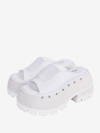 ホワイト ゴシックロリータサンダルリベットラウンドトゥPUレザーブラックロリータサマーシューズ