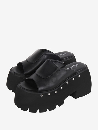 ブラック ゴシックロリータサンダルリベットラウンドトゥPUレザーブラックロリータサマーシューズ