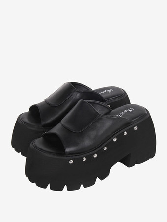 ゴシックロリータサンダルリベットラウンドトゥPUレザーブラックロリータサマーシューズ