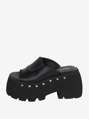 ゴシックロリータサンダルリベットラウンドトゥPUレザーブラックロリータサマーシューズ