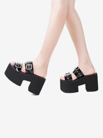 ゴシックロリータサンダルブラックパテントPUアッパーラウンドトゥロリータサマーシューズ