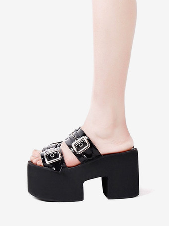 ゴシックロリータサンダルブラックパテントPUアッパーラウンドトゥロリータサマーシューズ