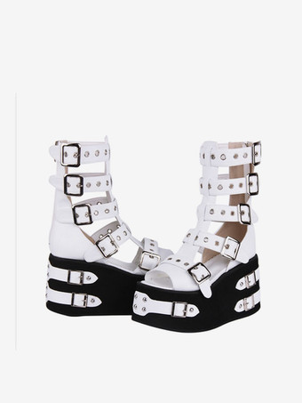 ゴスロリサンダルラウンドトゥPUレザーホワイトロリータサマーシューズ