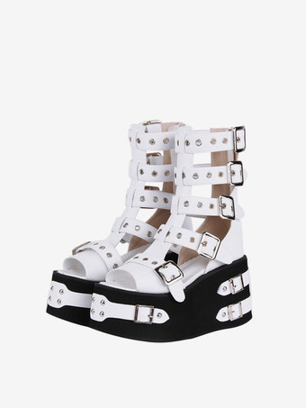 ホワイト ゴスロリサンダルラウンドトゥPUレザーホワイトロリータサマーシューズ