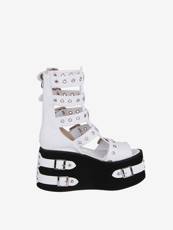 ゴスロリサンダルラウンドトゥPUレザーホワイトロリータサマーシューズ