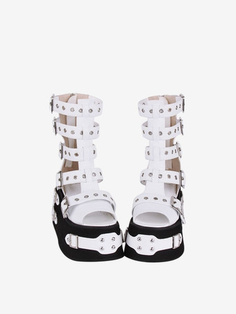 ゴスロリサンダルラウンドトゥPUレザーホワイトロリータサマーシューズ