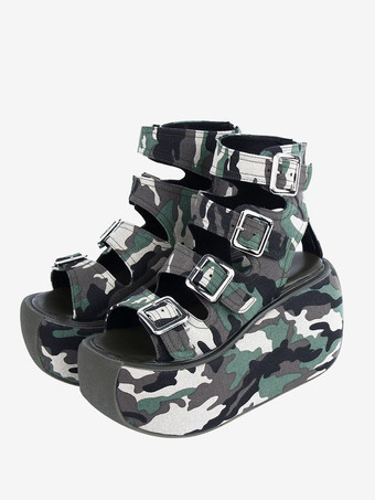 ハンターグリーン ゴスロリ サンダル ハンター グリーン テキスタイル ラウンドトゥ ロリータ サマー シューズ