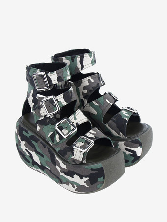 ゴスロリ サンダル ハンター グリーン テキスタイル ラウンドトゥ ロリータ サマー シューズ