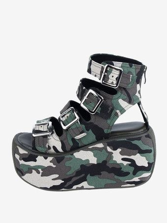 ゴスロリ サンダル ハンター グリーン テキスタイル ラウンドトゥ ロリータ サマー シューズ