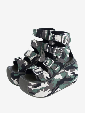 ゴスロリ サンダル ハンター グリーン テキスタイル ラウンドトゥ ロリータ サマー シューズ