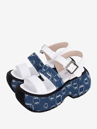 ホワイト ゴシックロリータサンダルラウンドトゥテキスタイルホワイトロリータサマーシューズ