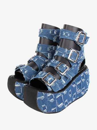 ディープブルーゴシックロリータサンダルラウンドトゥテキスタイルディープブルーロリータサマーシューズ