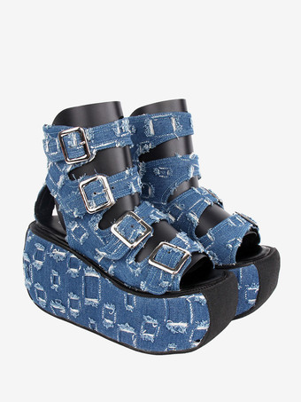 ゴシックロリータサンダルラウンドトゥテキスタイルディープブルーロリータサマーシューズ