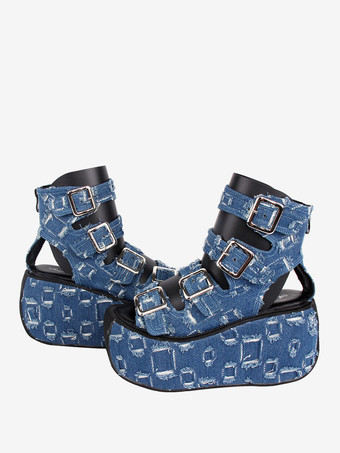 ゴシックロリータサンダルラウンドトゥテキスタイルディープブルーロリータサマーシューズ