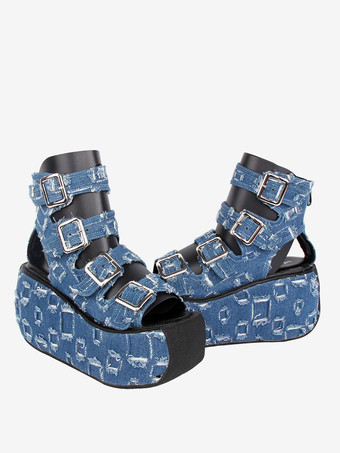 ゴシックロリータサンダルラウンドトゥテキスタイルディープブルーロリータサマーシューズ