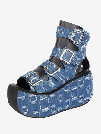 ゴシックロリータサンダルラウンドトゥテキスタイルディープブルーロリータサマーシューズ