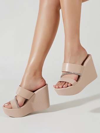 abricot Sandales compensées en cuir PU avec strass pour femmes