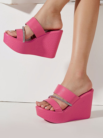 Rouge roséSandales compensées en cuir PU avec strass pour femmes