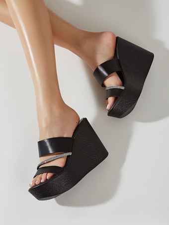 noir Sandales compensées en cuir PU avec strass pour femmes