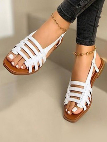 ホワイト レディース PU レザー オープントゥ フラット サンダル