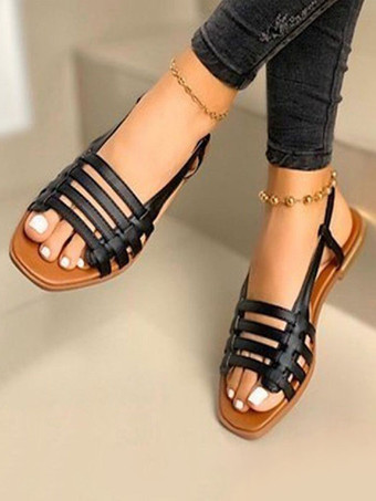 ブラック レディース PU レザー オープントゥ フラット サンダル