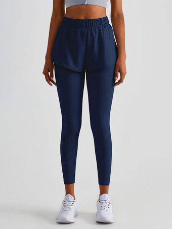 ネイビーブルーヨガパンツ ハイウエスト ツートンカラー ナイロン 女性用 ランニング テニスボトム