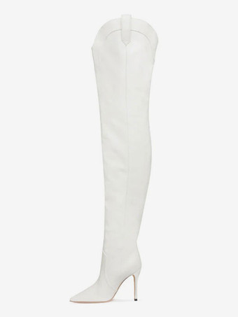 ホワイトサイハイブーツ女性ポインテッドトゥオーバーザニーウエスタンブーツ