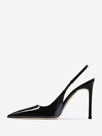 黒のハイヒールの女性ポインテッドトゥスリングバックスティエットヒールドレスシューズ