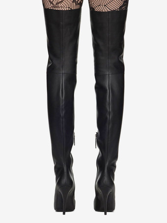 ブラック レースアップ サイハイ ブーツ ポインテッドトゥ スティレットヒール オーバーニーブーツ