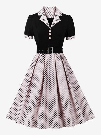 ヴィンテージドレス ピンク水玉 1950年代 オードリーヘップバーンスタイル サッシュ半袖 Vネック 膝丈 スイングドレス
