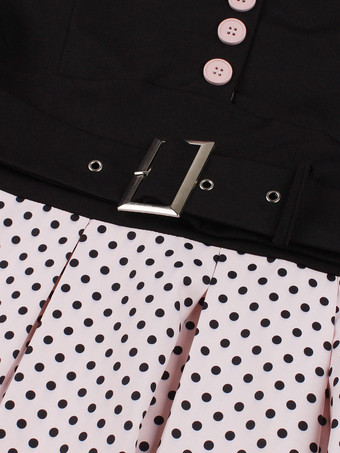 ヴィンテージ グラマー ドレス ピンク ポルカ ドット 1950 年代 オードリー ヘプバーン スタイル サッシュ 半袖 V ネック 膝丈 スイング ドレス