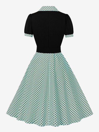 ヴィンテージ グラマー ドレス ピンク ポルカ ドット 1950 年代 オードリー ヘプバーン スタイル サッシュ 半袖 V ネック 膝丈 スイング ドレス