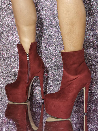 バーガンディ アンクルブーツ スエード ラウンドトゥ プラットフォーム ハイヒール ブーティ