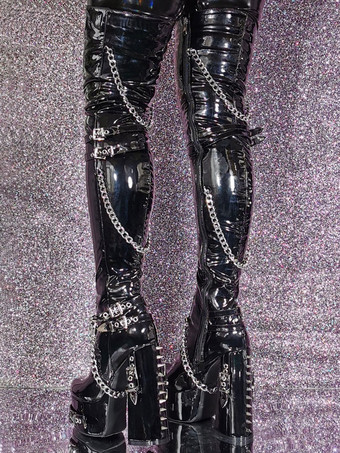 ユニセックス ブラック サイハイブーツ プラットフォーム チャンキーヒール チェーンディテール オーバーニー ゴシックブーツ