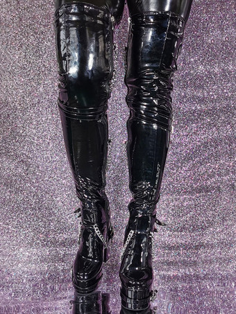 ユニセックス ブラック サイハイブーツ プラットフォーム チャンキーヒール チェーンディテール オーバーニー ゴシックブーツ