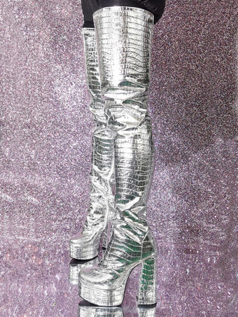 シルバー サイハイ ブーツ メタリック ストーン パターン チャンキー ヒール プラットフォーム サイハイ ブーツ