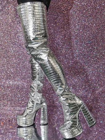 シルバー サイハイ ブーツ メタリック ストーン パターン チャンキー ヒール プラットフォーム サイハイ ブーツ
