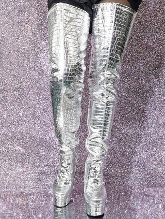 シルバー サイハイ ブーツ メタリック ストーン パターン チャンキー ヒール プラットフォーム サイハイ ブーツ