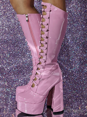 ピンク ニーハイ ブーツ パテント PU アッパー プラットフォーム チャンキー ヒール バックル ディテール セクシー ブーツ